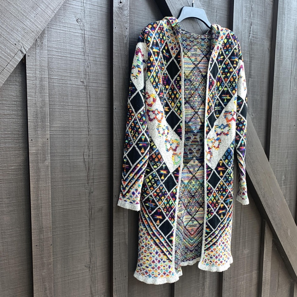 Boho Aztec Hooded Cardigan Sweater Open Front Long Knit Multicolor Size M - Picture 6 of 14